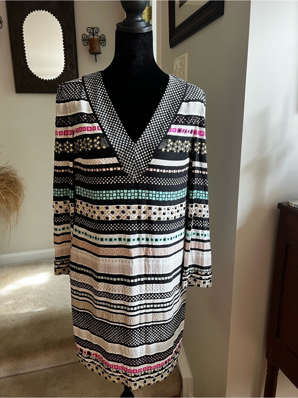 DVF Diane von Furstenberg Ruby Embellished Rhinestone Silk Shift Dress Size 4